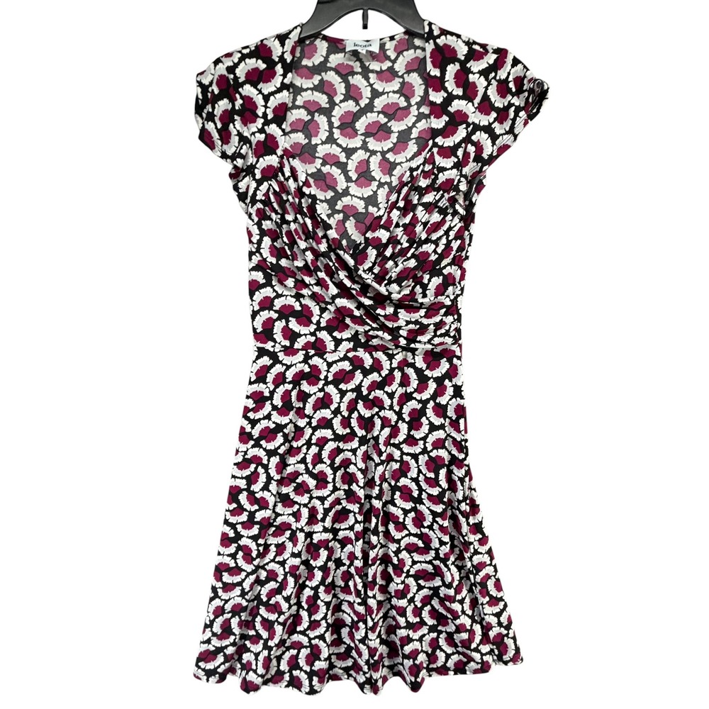 Leota Emma Knit Dress Womens S Magenta White Floral Fit Flare Faux Wrap Ruched - Picture 5 of 13